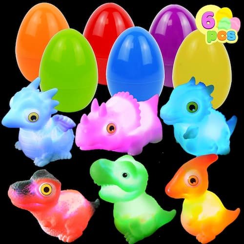 JOYIN 6 Pcs Pre-Filled Easter Eggs with Light-up Floating Dinosaur Bath Toys